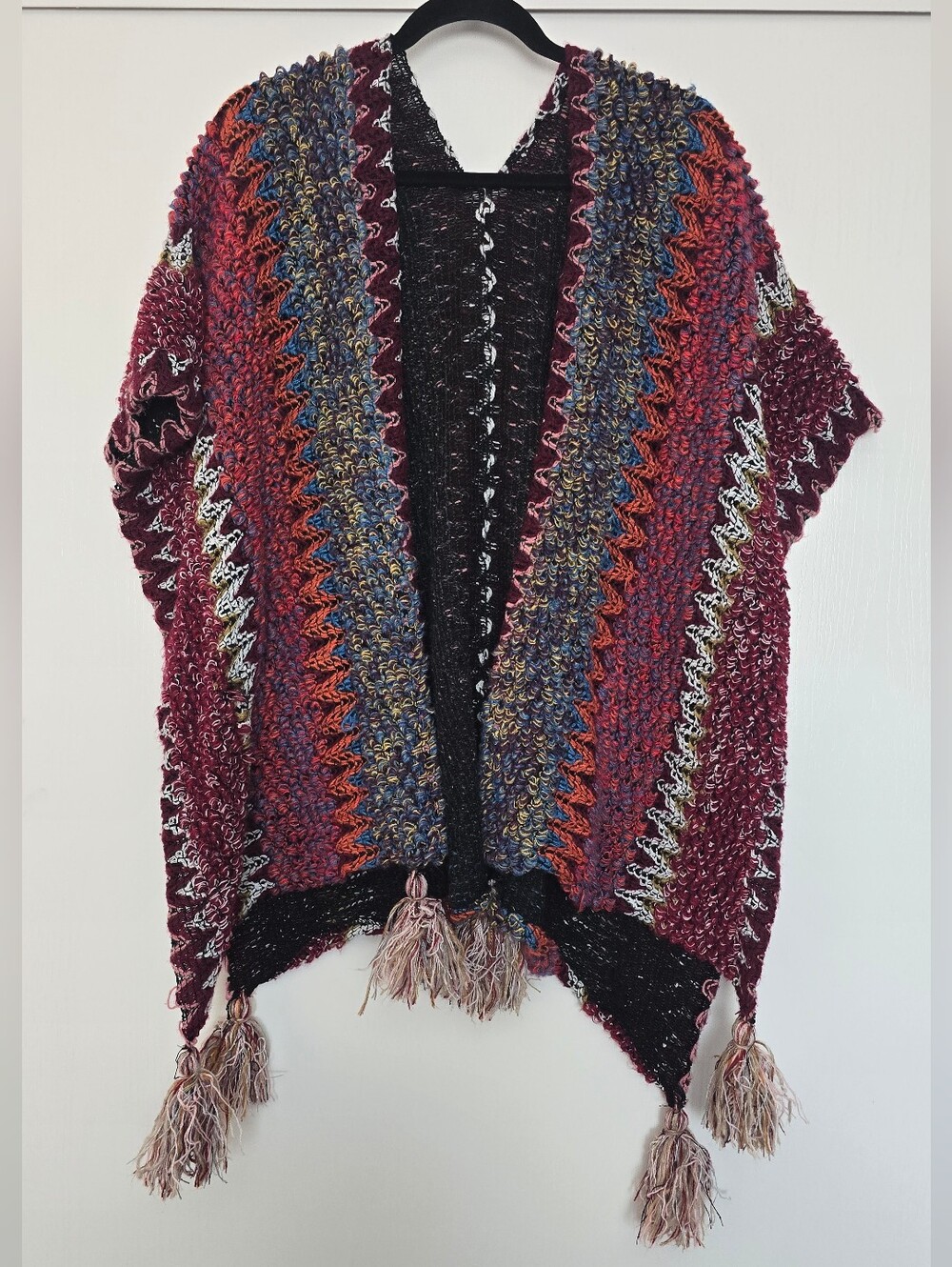 OS Bohemian Knit Tasseled Poncho Cardigan Chevron Knit Shawl Wrap